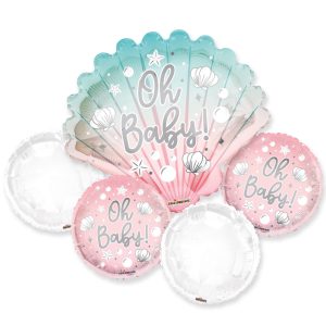 Sea-themed balloon bouquet with seashells and pearls for baby celebration.