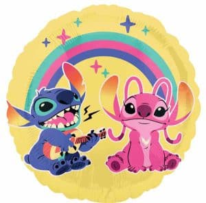 Colorful Stitch and Angel foil balloons with rainbow and stars for celebrations.