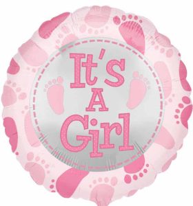 Pink and white balloon with 'It's A Girl' message and baby footprints.