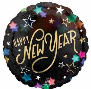 Round foil balloon with 'Happy New Year' and star designs for celebration.