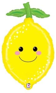 Smiling lemon-shaped foil balloon with green leaves for celebrations.