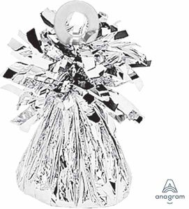 Silver balloon weight with metallic fringe for party decorations.
