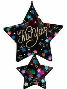 Star-shaped balloon with colorful stars and 'Happy New Year' message.