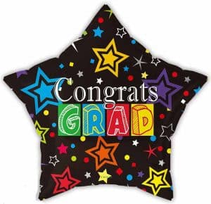 Star-shaped foil balloon with colorful 'Congrats Grad' message for graduation celebration.