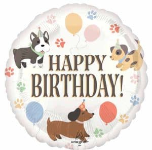 Round foil birthday balloon with playful dogs and balloons design.