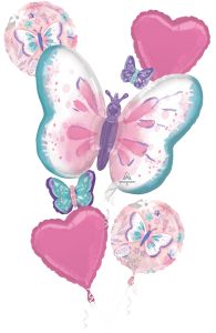 Colorful butterfly and heart-shaped balloons for birthday celebration.