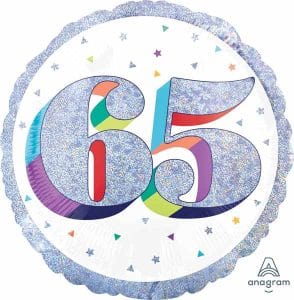 Colorful 65 holographic foil balloon for birthday party decor.