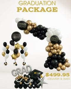 Elegant graduation balloon arch with black, gold, and white balloons for celebration.