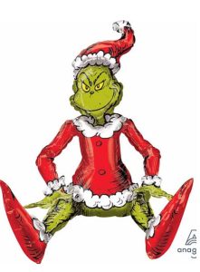 air inflated sitting grinch on a shelf
