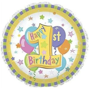 Colorful 1st birthday balloon with stars and balloons design.