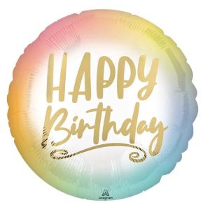 Colorful 'Happy Birthday' foil balloon for birthday celebrations.