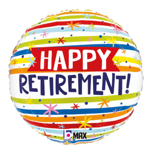 Colorful 'Happy Retirement' foil balloon with stripes and stars.
