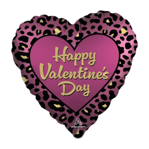 Heart-shaped balloon with leopard print and 'Happy Valentine's Day' text on a white background