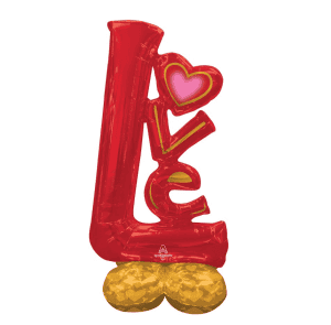 Red love-themed foil balloon with a pink heart and gold base for Valentine's Day decor.