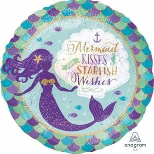 Colorful mermaid foil balloon with starfish and ocean theme design.