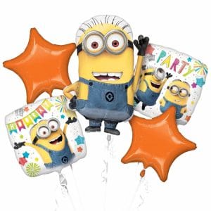 Minions themed balloon bouquet with stars and party decor elements.