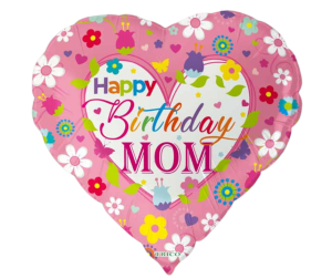 Heart-shaped birthday balloon for mom with colorful flowers and butterflies on a white background