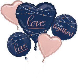 Set of five love-themed foil balloons in navy blue and pink for celebrations.