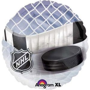 NHL hockey foil balloon with stick and puck design for party decor.