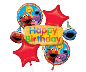 Colorful Sesame Street themed birthday balloons with characters and 'Happy Birthday' message.