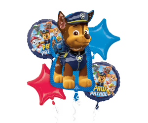 Paw Patrol Chase foil balloon with star-shaped balloons for party decor.