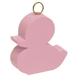 Pink duck-shaped balloon weight and photo holder for party decorations.