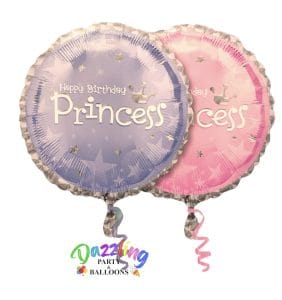 Pink and purple princess birthday balloons with 'Happy Birthday Princess' text.