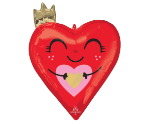Red heart-shaped foil balloon with a smiling face and a gold crown for Valentine's Day.