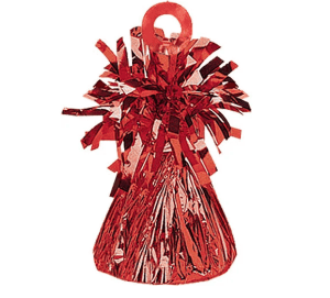 Red foil balloon weight with shiny metallic finish and tassel design.