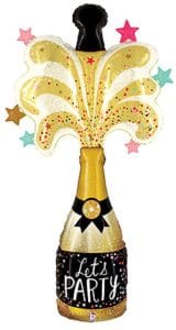 Large champagne bottle foil balloon with colorful star and confetti decorations.