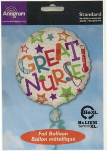 Colorful Nurses Day foil balloon with stars and celebratory text.