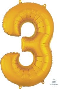 34" Gold Number 3 Supershape Decorative Foil Balloon