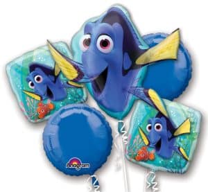 Finding Dory themed balloons with Nemo and Dory characters for birthday celebrations.