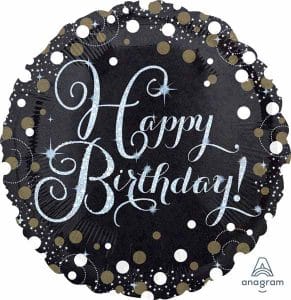Happy Birthday Black Balloon with Silver Gold Dots