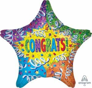 Colorful Congrats star foil balloon for celebrations and parties.