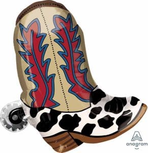 Colorful cowboy boot foil balloon with cow print design for Western-themed events.