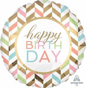 Colorful pastel chevron birthday balloon with 'happy birthday' message.