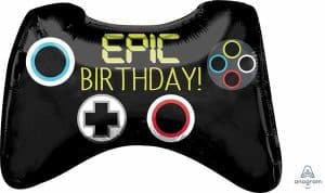 Foil balloon shaped like a game controller with colorful buttons and 'Epic Birthday!' text.