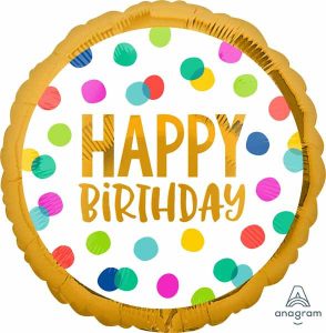 Colorful polka dot birthday balloon with 'HAPPY BIRTHDAY' text.