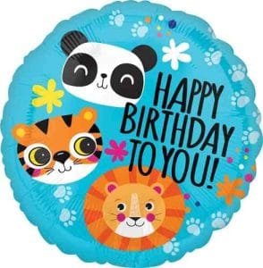 Colorful animal-themed birthday balloon with panda, tiger, and lion.