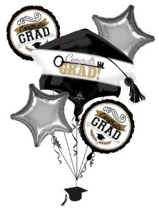 Graduation balloon bouquet with cap, stars, and 'Congrats Grad' messages.