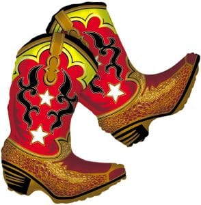 Colorful cowboy boots foil balloon for Western party decor.