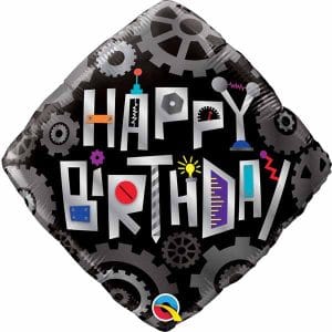 Happy Birthday Square Balloon Black with Gears