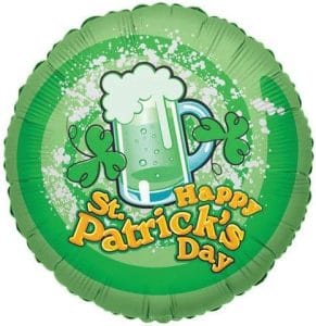 Green St. Patrick's Day foil balloon with beer mug and shamrocks.