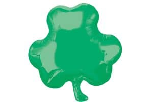 Green shamrock foil balloon for St. Patrick's Day celebrations.