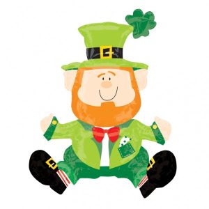 Colorful leprechaun foil balloon with green hat and suit, perfect for St. Patrick's Day celebrations.