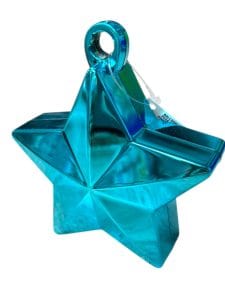 Light blue star-shaped balloon weight for party decorations.