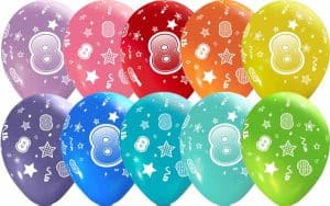 number 8 all over printed latex balloons assorted colors