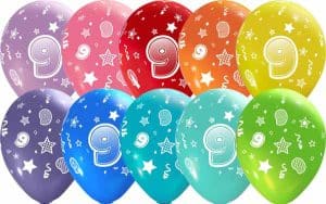 number 9 all over printed latex balloons assorted colors