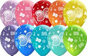 number 30 all over printed latex balloons assorted colors